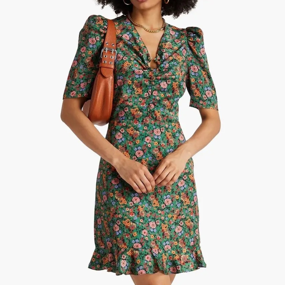 Sandro Autumn Flower Print Floral Puff Women’s 34 0 2 XS S Green Jeweled Dress